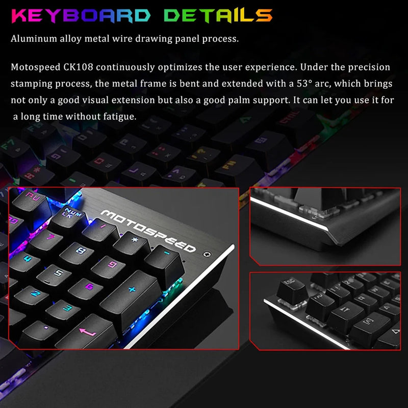 Motospeed CK108 Mechanical Keyboard 104 Keys Wired RGB Backlit Computer Desktop Office Gaming Keyboard For PC Laptop