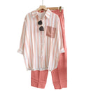 2Pcs/Set Shirt Pants Set Long Sleeve Casual Trendy Elastic Waist Breathable Polyester Stripes Blouse Pants Suit