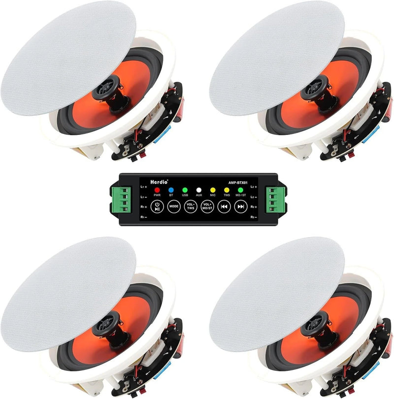 Herdio 4PCS 6.5" 4PCS Bluetooth In Ceiling Speakers 600W 2-Way Flush Mount Speakers System With Wall Amplifier Receiver For Home