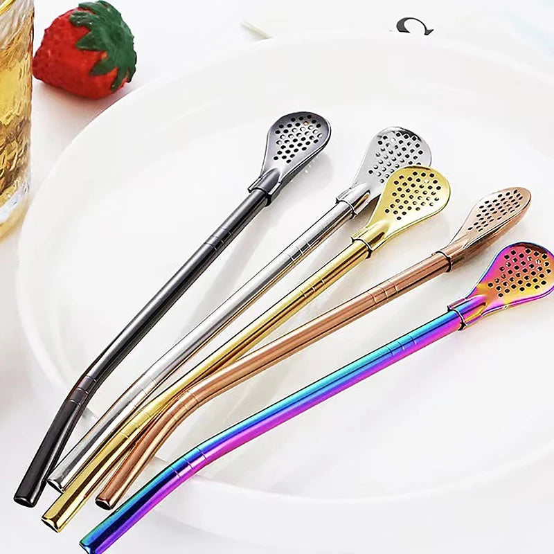 Reusable Straws Metal Stainless Steel Drinking Straw Milk Drinkware Creative Mixing Spoon Milk Tea Coffee Bar Party Accessories