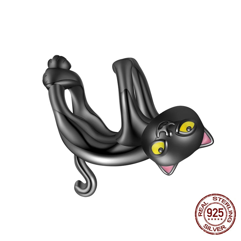 WOSTU 2021 925 Sterling Silver Cute Black Cat Suspend Animals Charm Beads Fit Original Bracelet DIY Jewelry CTC520