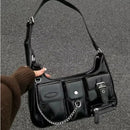 Y2k Womens Shoulder Bag Harajuku Fashion Gothic Casual Black Chains Handbag Hot Girls Pu Leather Ladies Motorcycle Bag Sac
