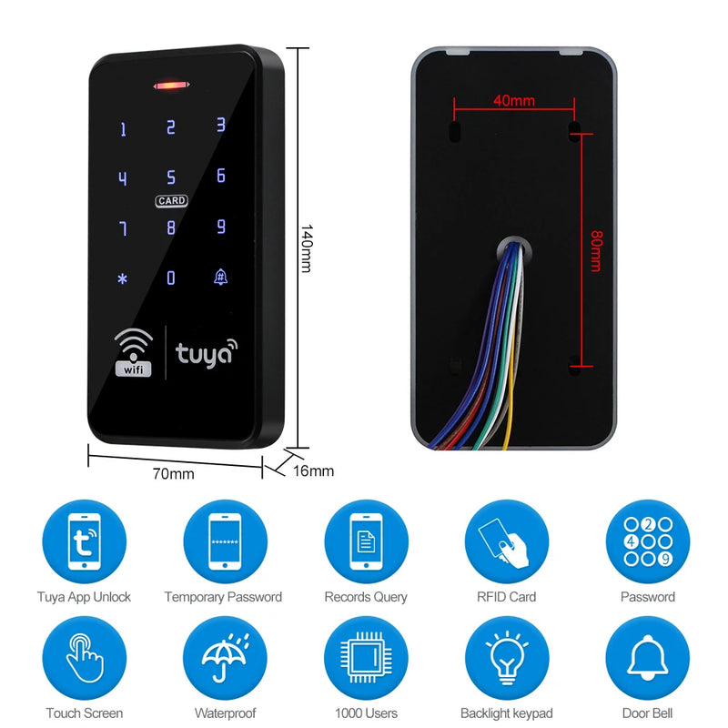 Waterproof WiFi Tuya APP Access Control Keypad 13.56MHz RFID Card Keyboard Touch Screen Access Controller Remote Unlock System