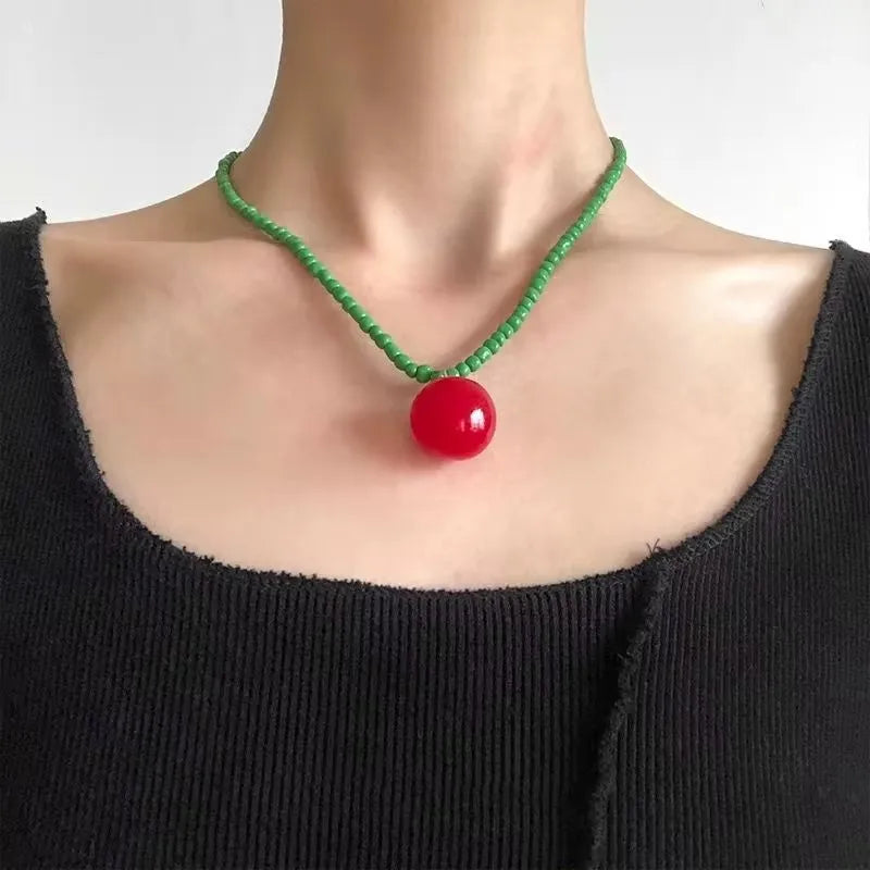 Kpop Fashion Heart Fruit Tomato Bowknot Pendant Colorful Beaded Necklace Woman Aesthetic Jewelry Cute Summer Y2K EMO Accessories