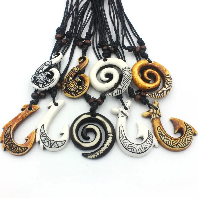 12pcs/Lot Imitation Bone Carved NZ Maori Fish Hook Charm Necklaces Jewelry for Men Women Tribal Wax Rope Chain Adjustable gift