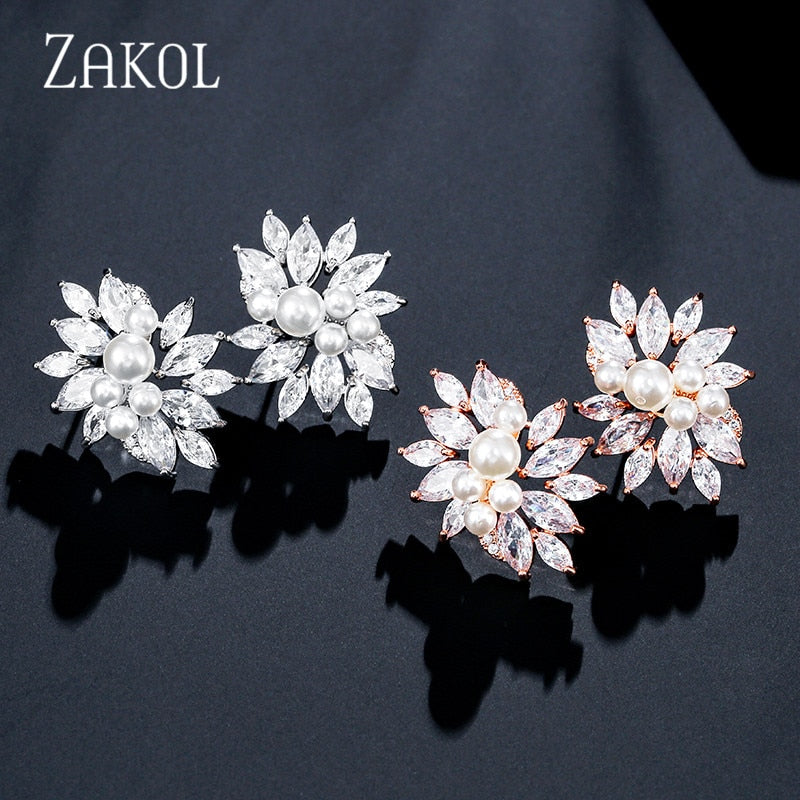 ZAKOL Delicate Cubic Zircon Crystal Stud Earrings for Women Fashionable White Color Flower Handmade Wedding Jewelry EP480