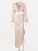 Kesiachiccly Satin Two Piece Set Women Crop top Autumn Long Sleeve Crop Top High Split Long Skirts 2 Piece Set Beach Clothes