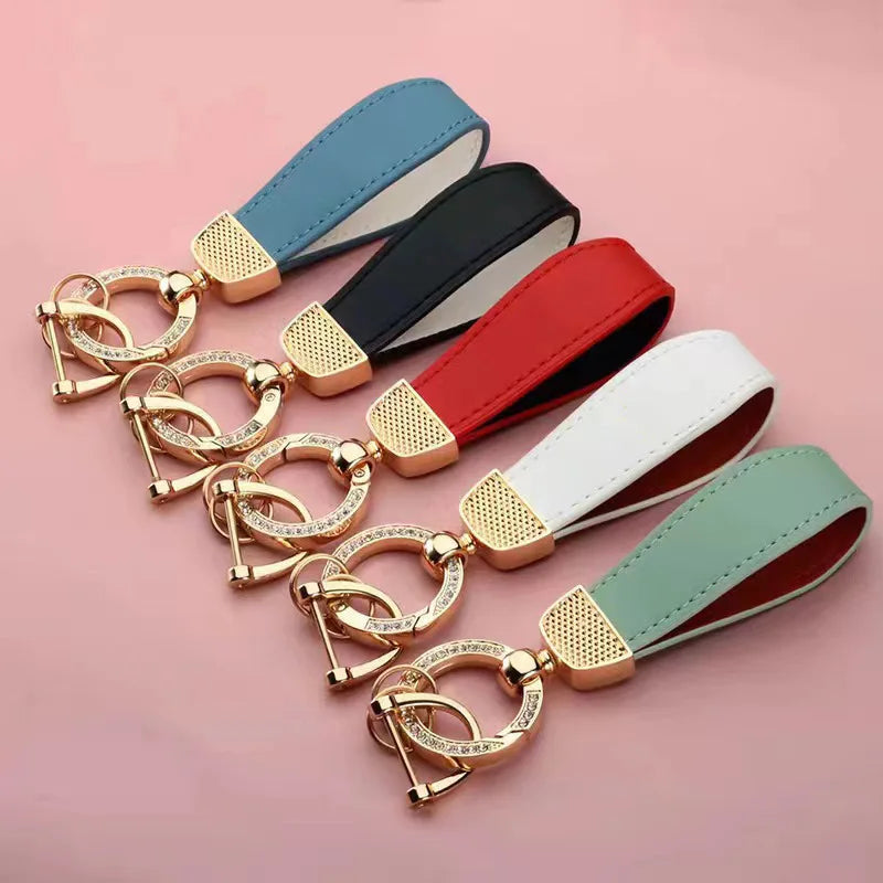 Luxury Metal Leather Car Key Chain Pendant Split Keychain Rhinestone Ring For Woman Man Girly Strap Fashion Keyring Accessories