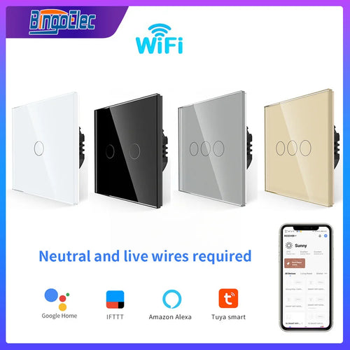Bingoelec WiFi Smart Switches Glaspanel Tuya Smart Touch Schalter kompatibel mit Alexa Google Home Smart Life Weiß Schwarz Grau Gold