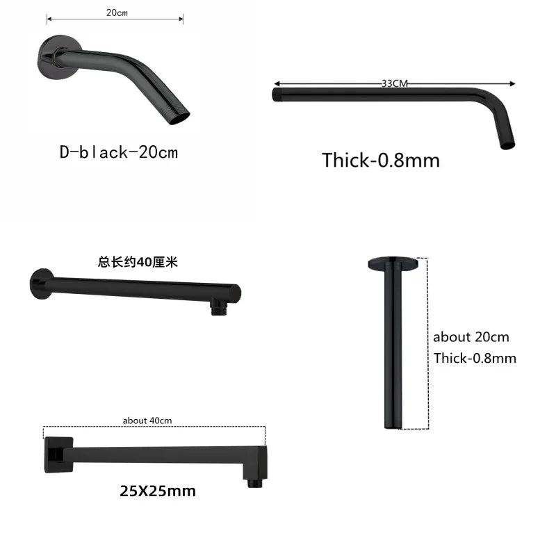 1pcs Black Round/Square Shower Arm Shower Head Support Holder Ceiling Wall Mounted Fixed Bathroom Rod Faucet Replacement Parts