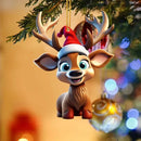 2D Acrylic Cartoon Fawn Christmas Tree Pendant Christmas Cartoon Cute Christmas Hat Fawn Print Easter Decorations