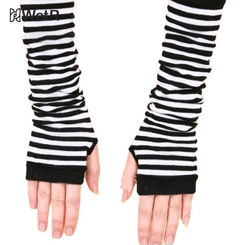 New Long Glove Arm Cover Classic Pink Black And White Striped Fingerless Elbow Gloves Warmer Knitted Wristband