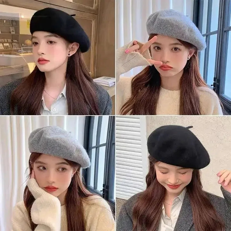 Women Wool Berets French Artist Style Warm Winter Beanie Hat Retro Plain Beret Solid Color Elegant Lady All Matched Autumn Caps