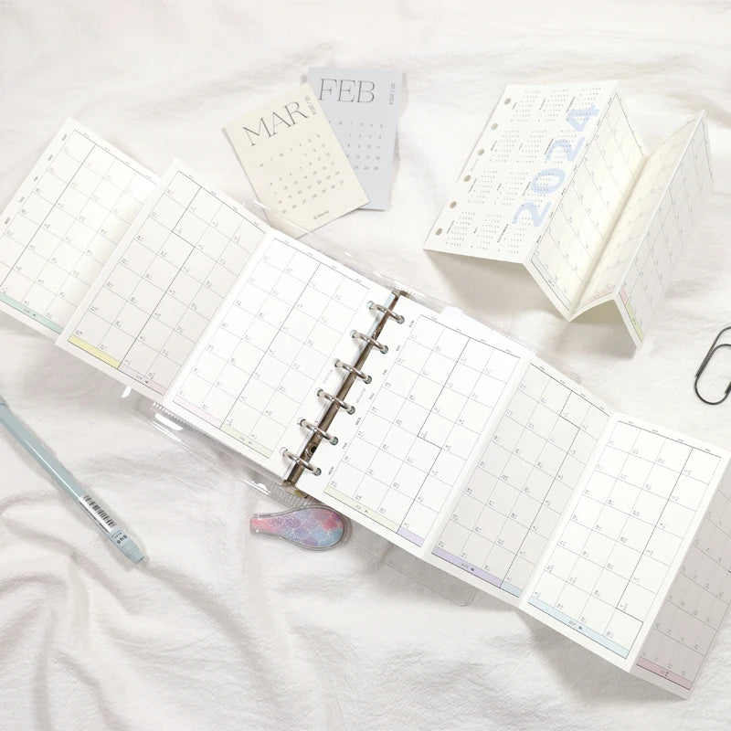 MyPretties 2 Sheets 2024 Folded Calendar Yearly Planner Refill Papers A6 A7 for 6 Hole Binder Organizer Notebook N.1446