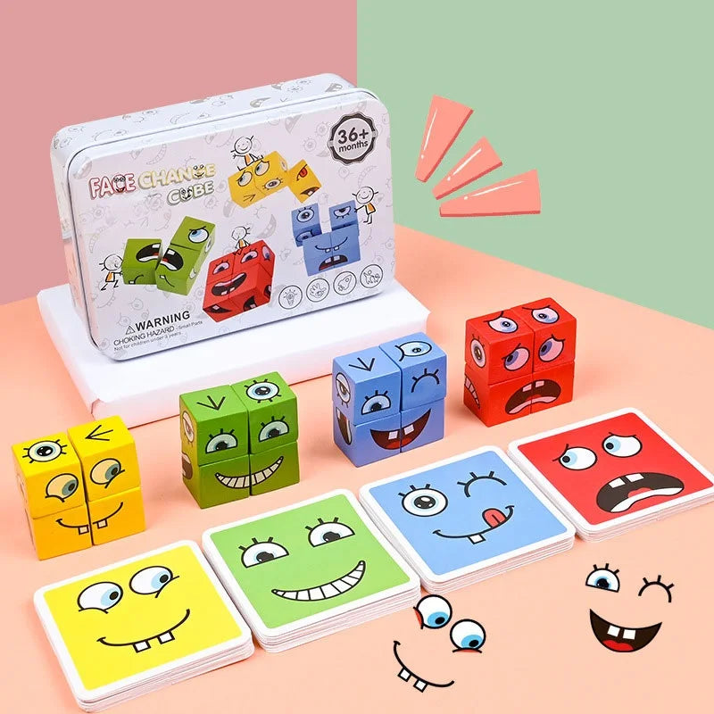Kids Montessori Toys DIY Face Emoticon Change Cube Wooden Blocks with 64 pcs Cards Learning Education Toy