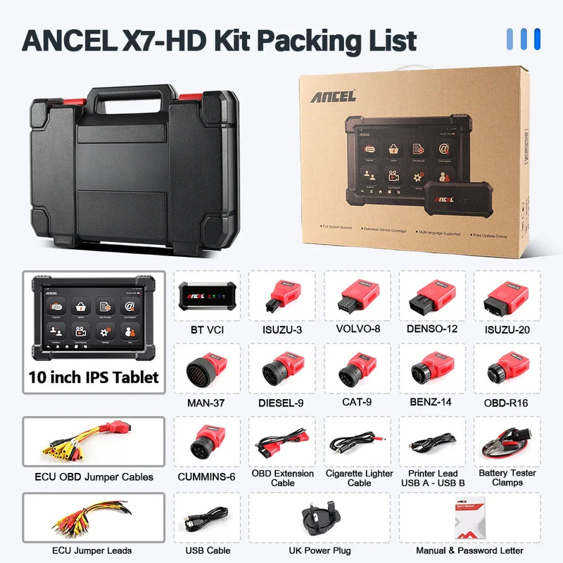 ANCEL X7 HD Heavy Duty Truck Diagnostic Tool TPMS DPF Regen ABS SAS ECU Oil Reset Full System OBD2 Truck Scanner 24V/12V Cars