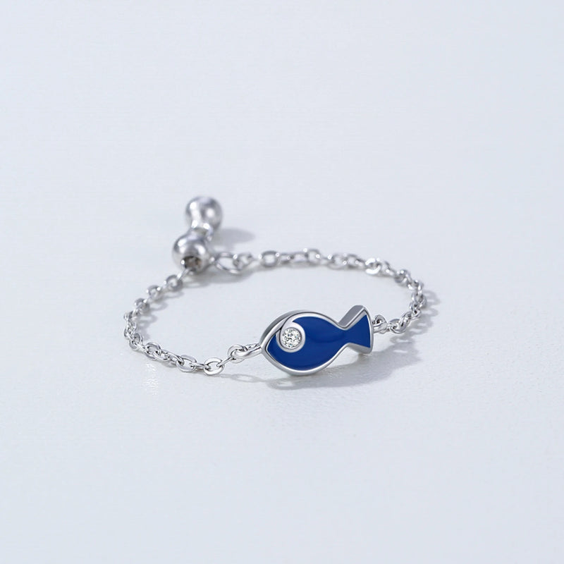 Ailmay 925 Sterling Silver Blue Enamel Lovely Small Fish Adjustable Ring For Women's Daily Wear, Parties, And Gift Giving