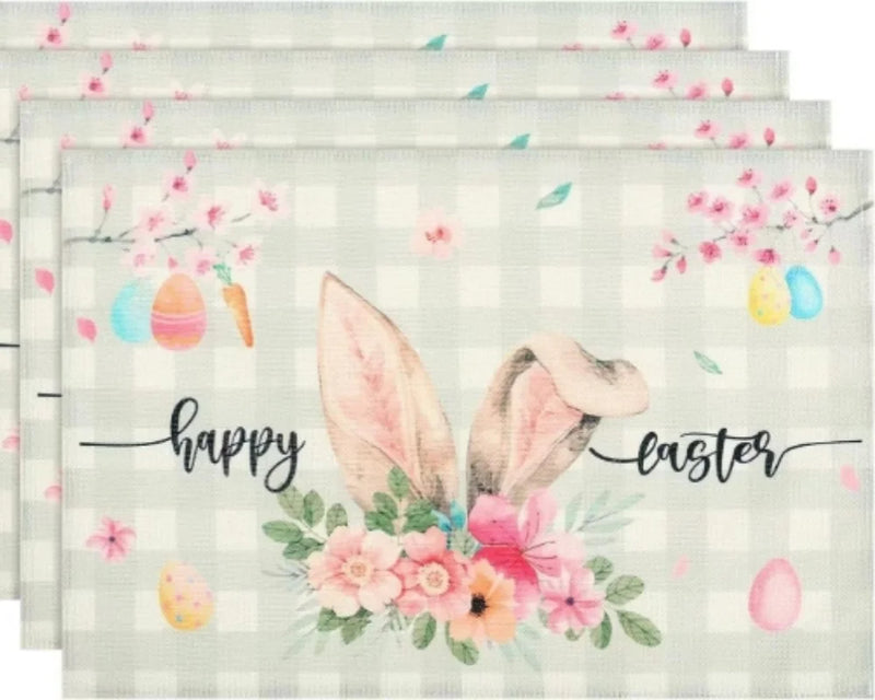 2024 Easter Rabbit Table Runner Linen Bunny Dining Table Cloth Placemat Spring Holiday Happy Easter Decoration For Home Kitchen