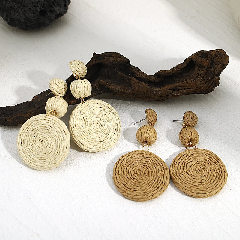 AENSOA Boho Yellow Raffia Round Drop Earrings for Women Handmade Geometric Rattan Knit Hanging Earrings Summer Beach Jewelry