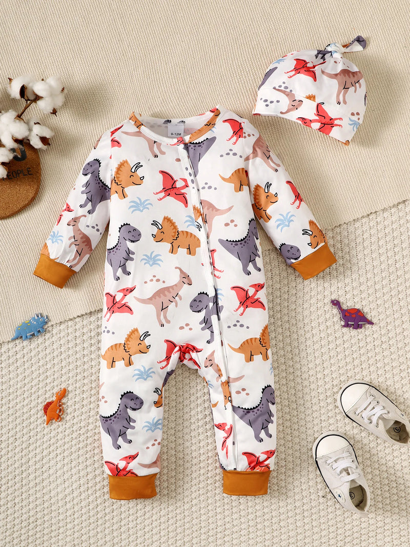 Cute Dinosaur Print Baby Boys Bodysuit, Infant Zipper Long Sleeve Romper