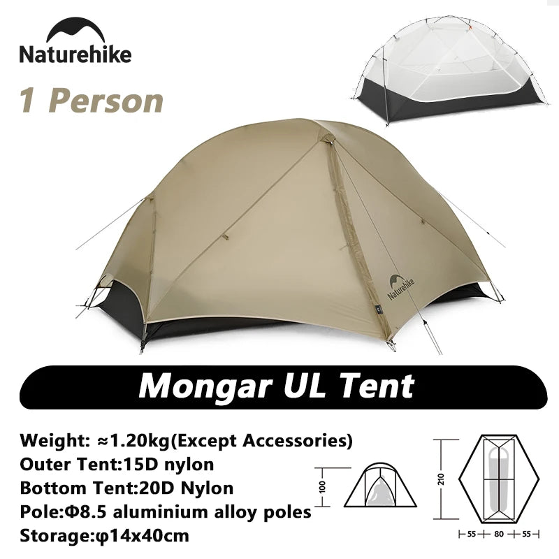 Naturehike Mongar 2 Camping Tent Ultralight Outdoor 3 Season Waterproof 20D Nylon Hiking Tent 2 Person Backpacking Tent