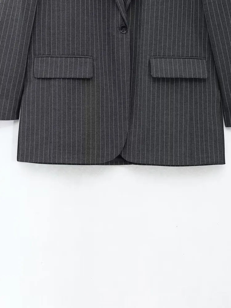 TRAF Striped Jacket Female 2022 Autumn Winter Oversize Long Blazer Woman Long Sleeve Blazers For Women Casual Blazer Jacket