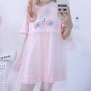 Summer Lolita Tulle Dresses 2022 Women Kawaii Bunny Cute Girl Anime Short Sleeve Pink White Casual T Shirt Dress Female Clothing