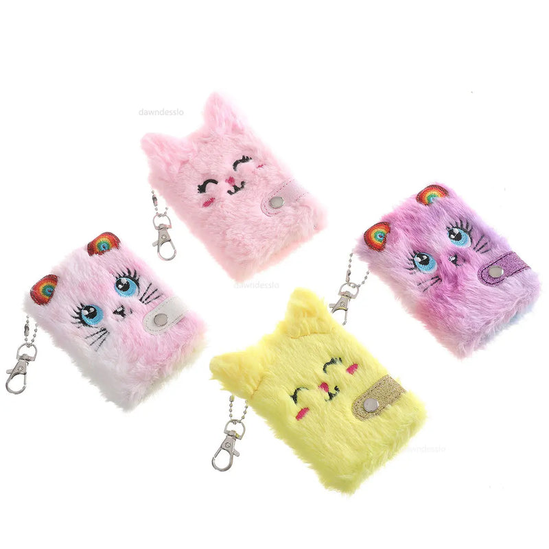Cute Cat Plush Notebook For Girls Kawaii Pendant Keychain Furry Cats Notebook Daily Planner Journal Book Note Pad Stationery