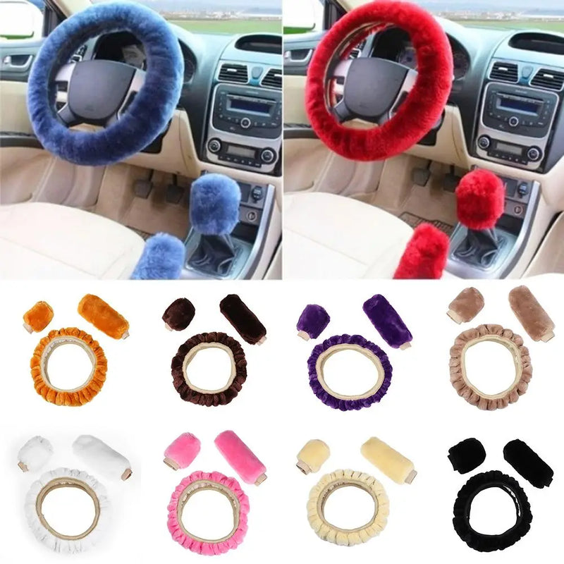 3Pcs/Set Winter Car Soft Wool Steering Wheel Cover Handbrake Warm Fur Case Gear Lever Sleeve Accessories Fashion Auto Interior