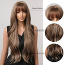 HAIRCUBE Braun Gemischte Blonde Synthetische Perücken mit Pony Lange Natürliche Gewellte Haarperücke für Frauen Täglicher Cosplay-Gebrauch Hitzebeständig