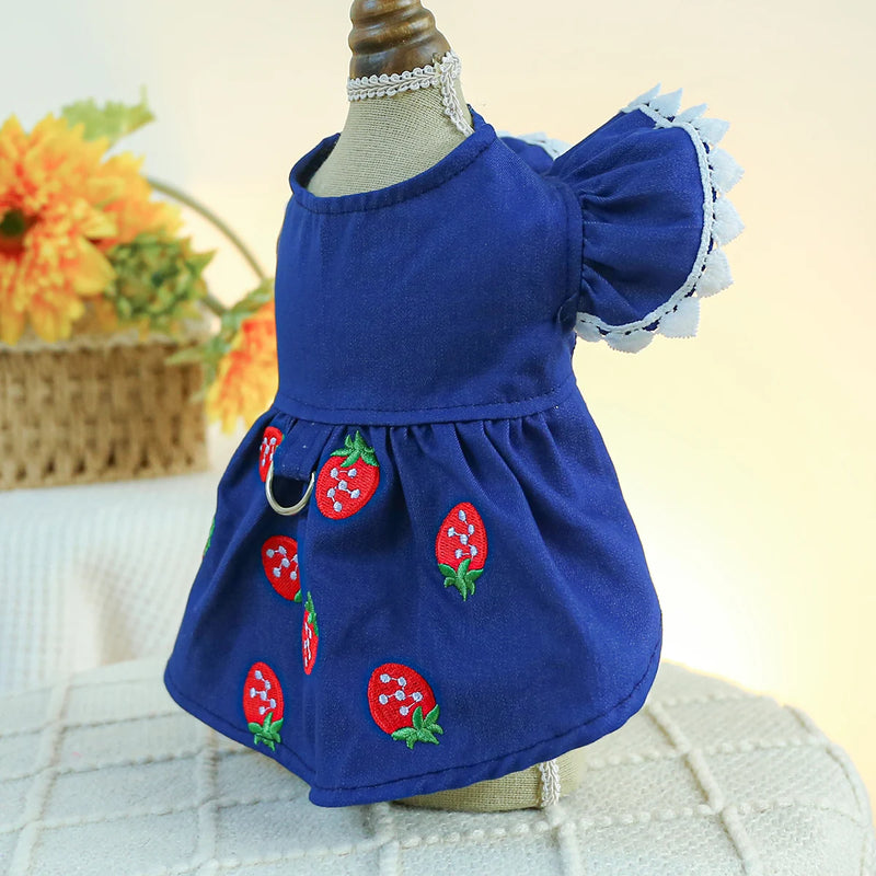 1PC Pet Clothing Cat Dog Spring and Autumn Thin Blue Denim Strawberry Princess Dress With Drawstring Buckle For Small Medium Dog