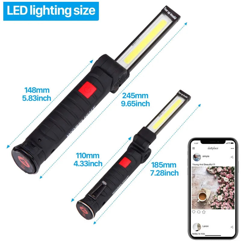 Multi Function Folding Work Light COB LED Camping Flashlight USB Rechargeable with Built-in Battery 5 Modes Inspection Lamp