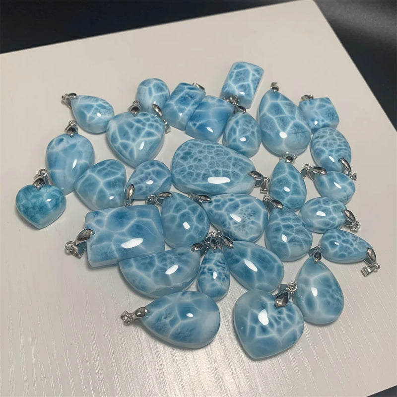 Natural Blue Larimar Pendants Necklaces for Women Rare Luxury Tortoisesh Bead Healing Gemstone Jewelry 925 Sterling Silver Clasp