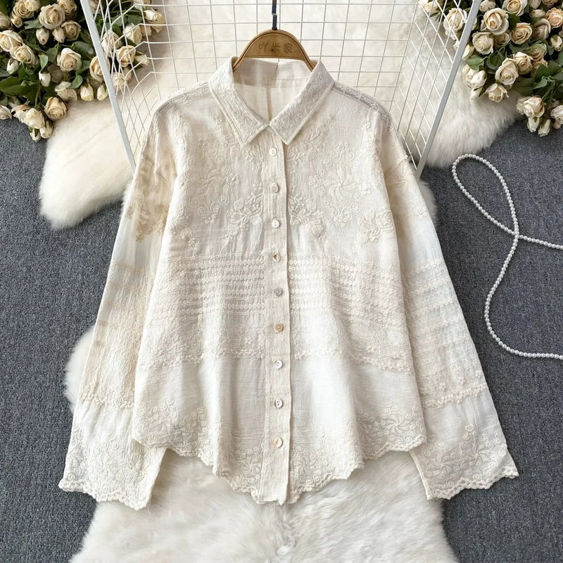 French Chic Blouse for Women Turn-down Collar Embroidery Lapel Single Irregular Shirts Autumn Casual Female Blusa Dropshipping