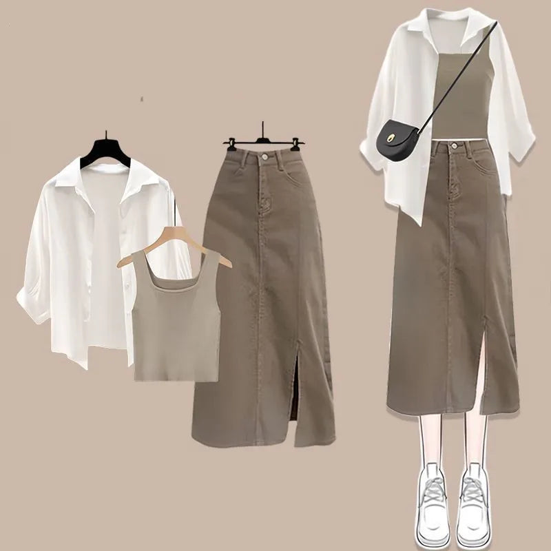 2025 Summer New Korean Elegant Dress Matching Set Women's Fashion Sunscreen Shirt+Vest+Cowboy Midi Skirt Three Piece Female Suit