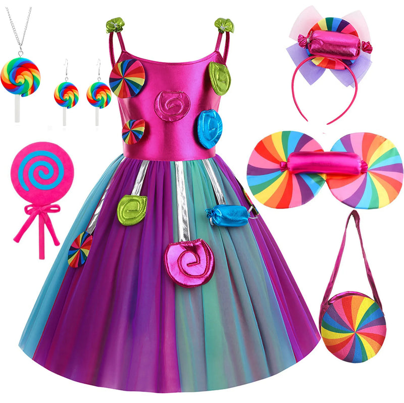 Candy Fairy Costume Girls Lollipop Cosplay Dress Toddler Carnival Purim Rainbow Vestidos Christmas Party Princess Clothing Gown