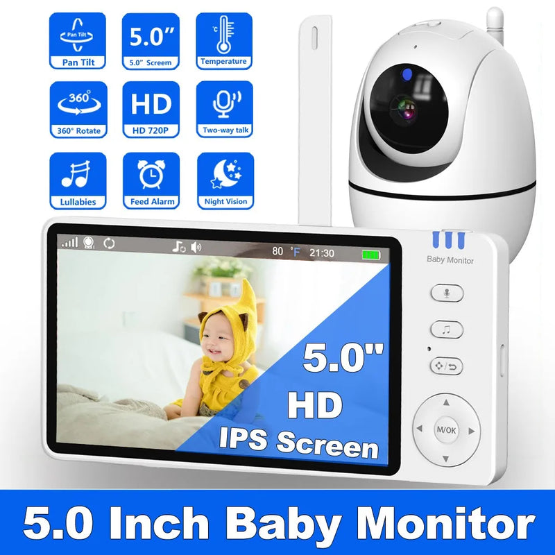 5.0" Video Baby Monitor With Pan Tilt 720P HD Camera 2.4G Wireless 2 Way Audio Night Vision Security Babysitter VOX Wake Lullaby