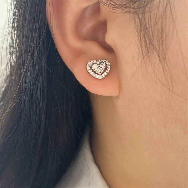Romantic Loving Heart Zirconia Stud Earrings For Women Girls Brides Crystal Party Birthday Wedding Engagement Jewelry Gifts