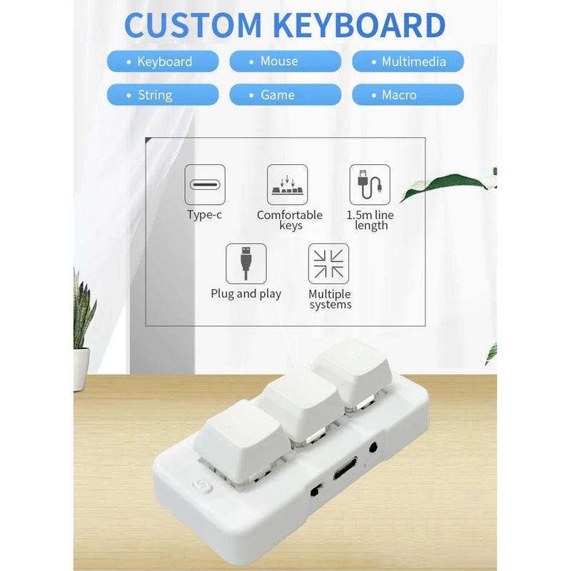 MK321BT 3-Key Mini Customized Mechanical Keyboard Blue Switch USB+BT Dual-Mode Connection for Game Multimedia,White