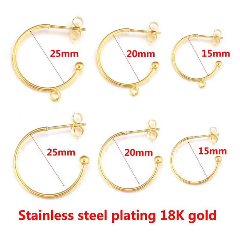 10pcs 18K Gold Plated Stainless Steel 15/20/25mm Earring Posts with Loop C Shape Ear Studs Earrings DIY Jewelry Making Supplies