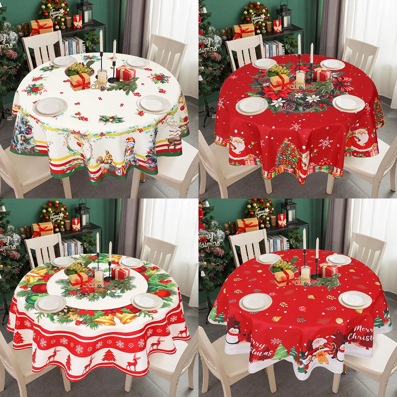 Christmas Round Tablecloth Santa Claus Snowman Table Cloth Merry Christmas Decorations for Home 2024 Xmas Navidad New Year Decor