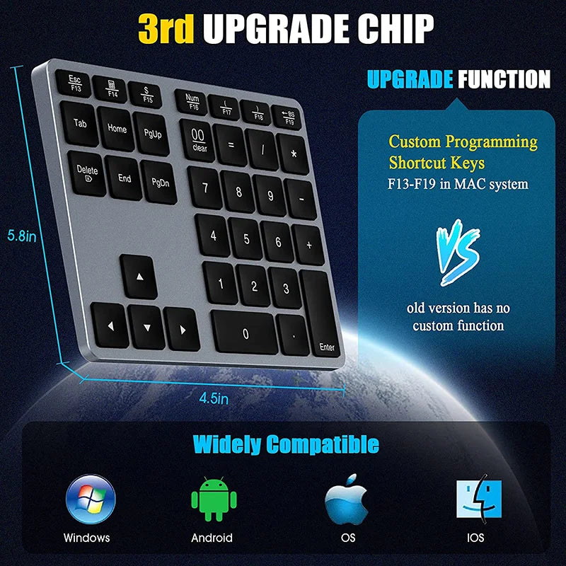 Wireless Number Pad Rechargeable Bluetooth Numeric Keyboard For Mac Windows 35-Keys Aluminum Numpad Keypad For Accountants