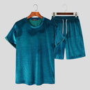 INCERUN Men Casual Sets Velour Solid Color O-neck Short Sleeve T Shirt & Drawstring Shorts Two Pieces 2023 Streetwear Men Suits