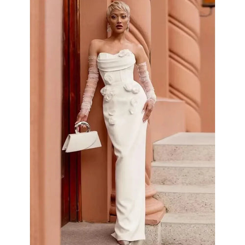 Damen Sexy Trägerloses Rückenloses Blumenmuster Weißes Langes Bodycon Bandage-Kleid 2024 Prominente Elegantes Abend-Club-Cocktailparty-Kleid