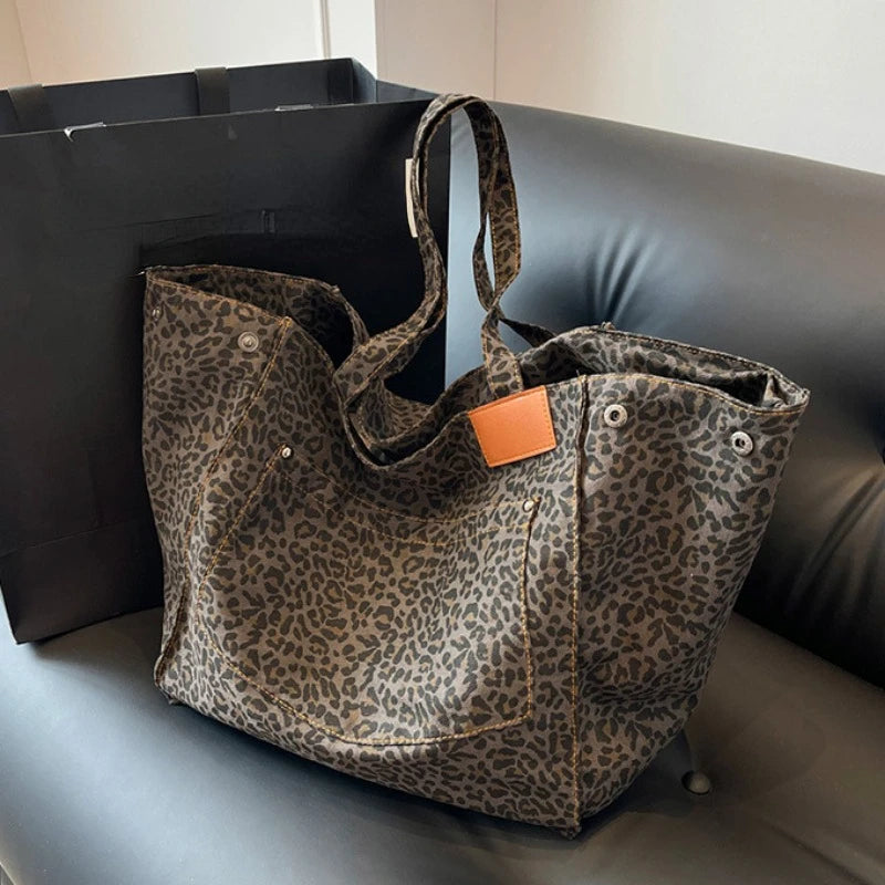 Oversized Leopard Prints Shoulder Bags for Women Deformable Canvas Large Capacity Shopping Totes 2024 Winter New Luxury Handbags