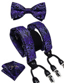 DiBanGu Mens Adjustable Silk Suspenders Bow Tie Cufflinks Pocket Square Set Metal Clips Y back Elastic Braces Wide Strap 3.5CM