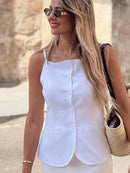 HH Summer Women Solid Square Collar Single Breasted Vest-style Sleeveless Top+High Waist Zipper Side Pocket Mini Shorts Suit
