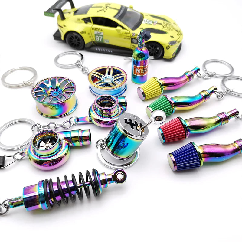 Car Parts Keychain NEO Chrome Metal Keyring Wheel Hub Nitrogen Gas Bottle Shock Absorber Key Chain Whistle Turbine Auto Interior