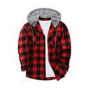 Fall Spring Men Hooded Shirt Color Matching Plaid Print Single-breasted Male Shirt Coat Casual Drawstring Long Sleeves Outerwear