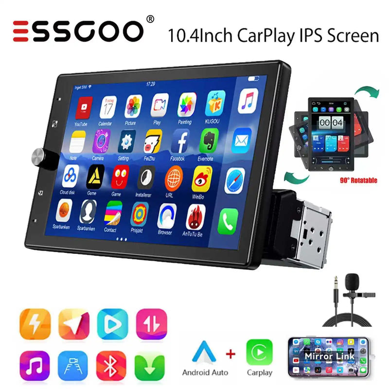 ESSGOO 10.4" Car Stereo Single DIN Wireless CarPlay Android Auto Rotatable Touch Screen Bluetooth GPS Nav Radio Player Head Unit